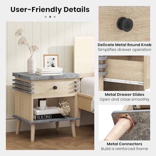 Giantex Modern Nightstand, 3-Tier Bedside Table with Drawer, Open Shelf & Rubber Wood Legs, Color Blocking Sofa Side End Table, Faux Marble Night Stand for Bedroom, Grey & Natural
