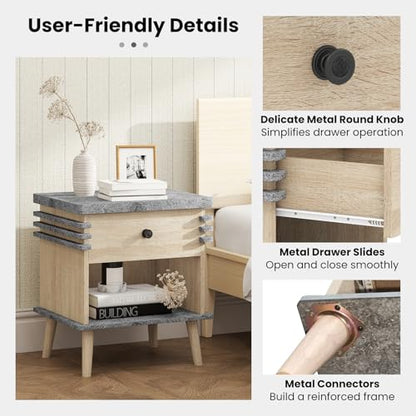 Giantex Modern Nightstand, 3-Tier Bedside Table with Drawer, Open Shelf & Rubber Wood Legs, Color Blocking Sofa Side End Table, Faux Marble Night Stand for Bedroom, Grey & Natural