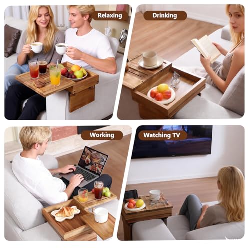 Acacia Wood Couch Arm Tray, 13.4 x 10.3 x 9.5 inches | Sofa Armrest Table, 2 Rotating Trays, 1 Storage Box, 360° Rotating Phone Holder, 4-in-1 TV Tray Table