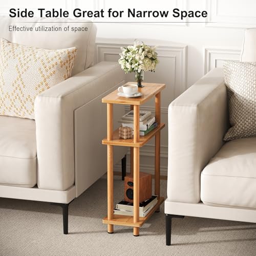 Apicizon Small Narrow Side Table, 3-Tier Skinny End Table for Small Spaces, Slim Nightstand with Storage Shelf, Bedside Table for Living Room, Bedroom, Natural - color: Natural, style: Narrow Side Table