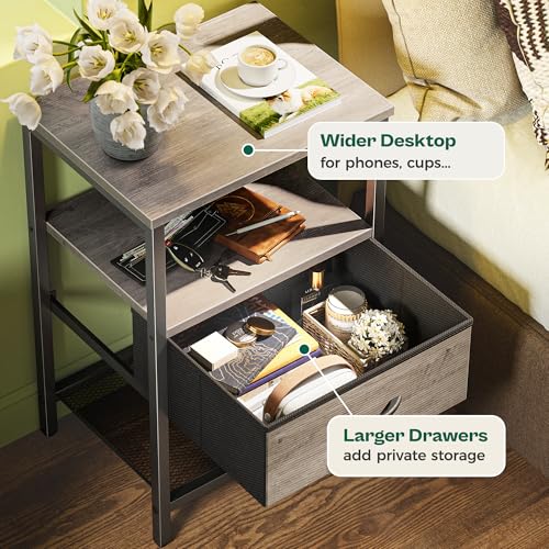 Huuger Nightstand Set of 2, Night Stand with Fabric Drawer, Mesh Shelf, Side Table with Storage, Fabric Drawer Dresser, Open Shelf, Metal Frame, Bedroom, Oak - color: Oak