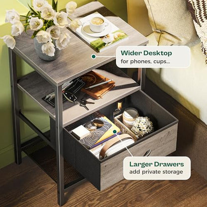Huuger Nightstand Set of 2, Night Stand with Fabric Drawer, Mesh Shelf, Side Table with Storage, Fabric Drawer Dresser, Open Shelf, Metal Frame, Bedroom, Oak - color: Oak