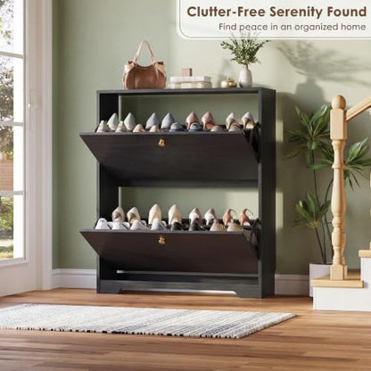 Nicetree Shoe Cabinet with 2 Flip Drawers, Narrow Shoe Organizer Cabinet, Freestanding Shoe Rack Cabinet, Modern Shoe Storage Cabinet for Entryway, Hallway, Foyer, Black - color: Black, style: 2-Drawers