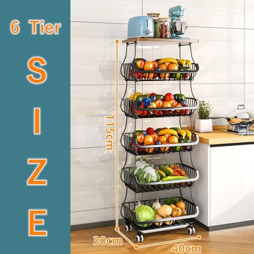 Metal Wire Baskets with Wheels, Kitchen Organizer, 6 Tier Stackable Storage Containers, Fruit and Vegetable Trolley, Dish Rack for Bathroom, Garage and Pantry