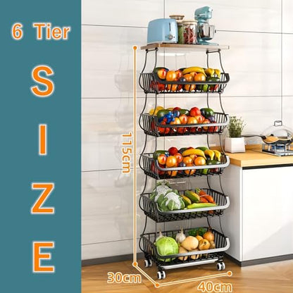 Metal Wire Baskets with Wheels, Kitchen Organizer, 6 Tier Stackable Storage Containers, Fruit and Vegetable Trolley, Dish Rack for Bathroom, Garage and Pantry