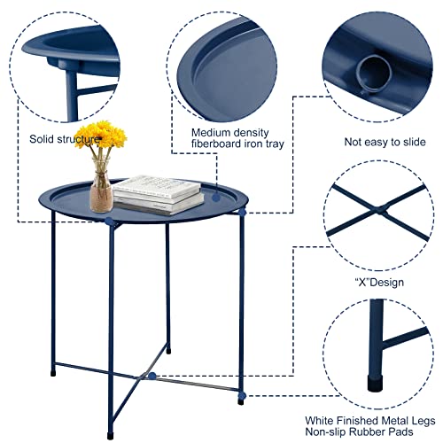 Garden 4 you End Table Metal Side Table Blue Round Folding Tray Cyan Sofa Small Accent Fold-able Table, Round End Table Tray, Next to Sofa Table, Snack Table for Living Room and Bed Room - color: Dark Blue