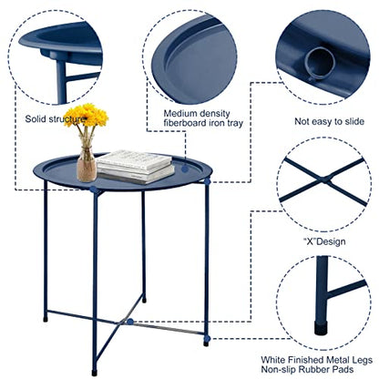 Garden 4 you End Table Metal Side Table Blue Round Folding Tray Cyan Sofa Small Accent Fold-able Table, Round End Table Tray, Next to Sofa Table, Snack Table for Living Room and Bed Room - color: Dark Blue