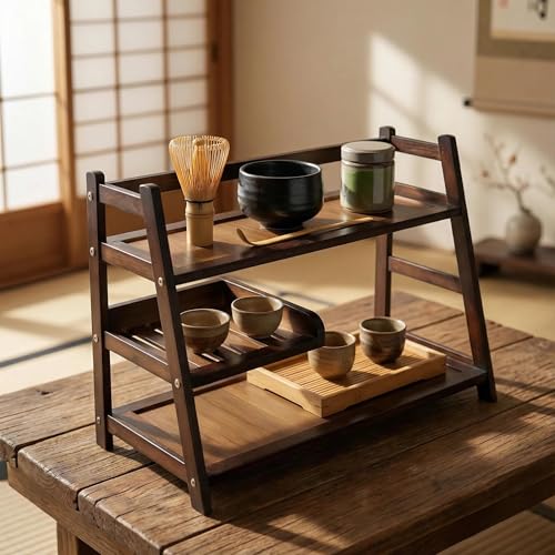 3 Tier Bamboo Matcha Station, coffee station organizer Shelf | for Kitchen Countertop, Tea Bar - Matcha Powder, Tools & Cup Organizer for Matcha Lovers, Home Baristas. - color: brown
