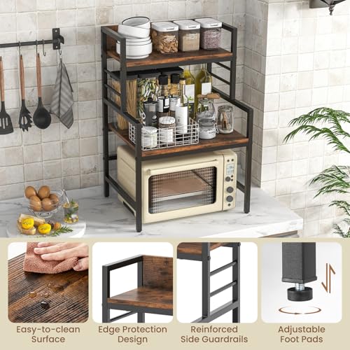 GOFLAME Microwave Stand Countertop, 3-Tier Microwave Oven Rack with Storage, Heavy-Duty Metal Frame, Multifunctional Tabletop Organizer Shelf for Kitchen, Home Office, 110lbs Capacity, Industrial