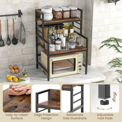 GOFLAME Microwave Stand Countertop, 3-Tier Microwave Oven Rack with Storage, Heavy-Duty Metal Frame, Multifunctional Tabletop Organizer Shelf for Kitchen, Home Office, 110lbs Capacity, Industrial
