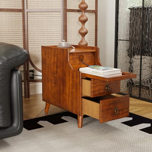 Solid Hardwood End Table with 2 Drawers and Pull-Out Coffee Tray | Traditional Beside Table Modern Vintage Sofa Chair Side Table Nightstand for Living Room Bedroom, Cherry Brown Accent Table - size: 22.95" Wood End Table