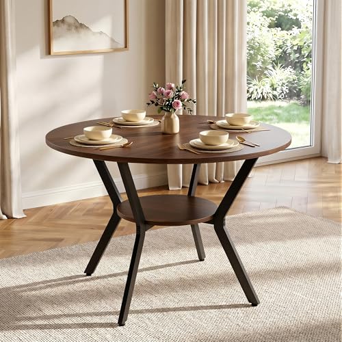 Miereirl 42.13" Round Dining Table for 4, Modern Kitchen Table with Open Storage Shelf, Wood Dining Table for Dining Room, Apartment, Small Spaces - color: Walnut
