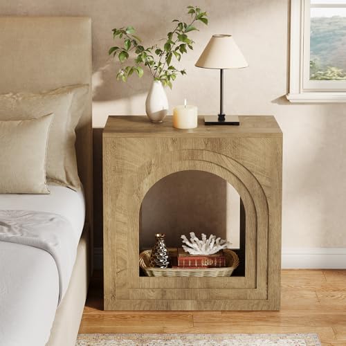Tribesigns Square End Table, 2-Tier Farmhouse Side Table with Arched Open Shelf, Arched Narrow Nightstand for Small Spaces, Living Room, Bedroom, Natural (2)