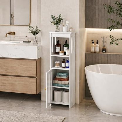 5-Tier Narrow Bathroom Cabinet, 9.8" W X 31.5" H | White PVC Material, Rack, Holder, Fits Small Spaces, for Toilet Side, Laundry Room, Kitchen, Easy Assembly - size: 7.9"D x 9.8"W x 31.5"H