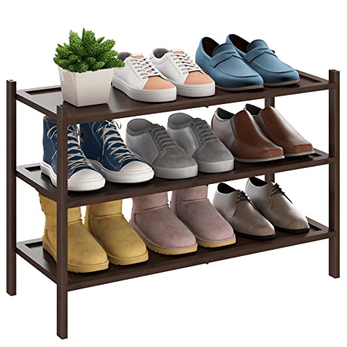BMOSU 3-Tier Bamboo Shoe Rack Premium Stackable Shoe Shelf Storage Organizer for Hallway Closet Living Room Entryway Organizer(Brown) - color: Brown, size: 3-Tier（27*11*18.3inches）