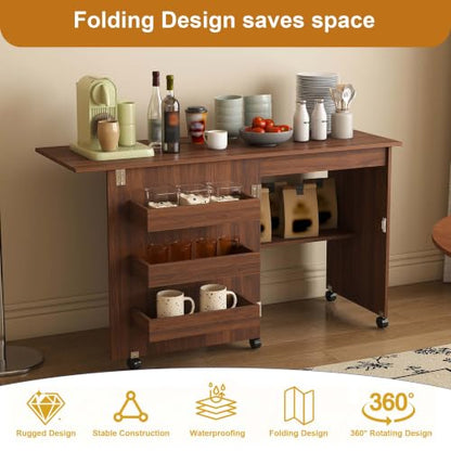 HRVEOCEI 4-in-1 Folding Sewing Table with Storage, Sewing Desk Foldable with Lockable Wheels & Power Socket, Sewings Machine Cabinet & Craft Desk with Shelves, Compact Design (Walnut, 45 Inch) - color: Walnut, size: 45 Inch
