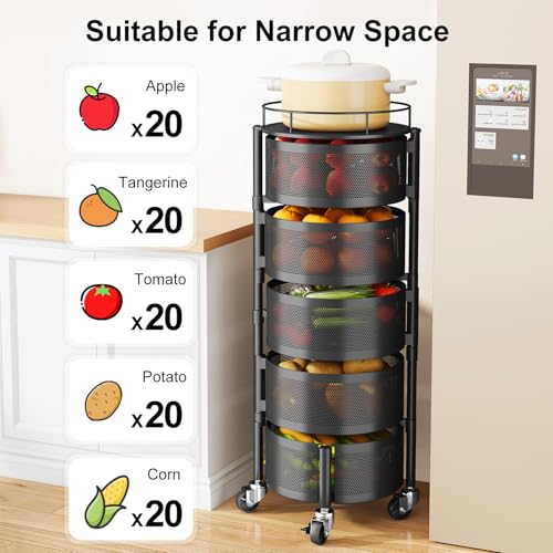 SAYZH Fruit Vegetable Basket for Kitchen, Rotating Storage Rack, 5 Tier Rolling Cart with top lid, Large Metal Wire Wheels, Black - color: Black