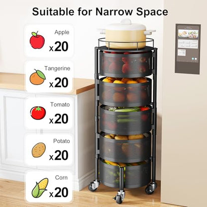 SAYZH Fruit Vegetable Basket for Kitchen, Rotating Storage Rack, 5 Tier Rolling Cart with top lid, Large Metal Wire Wheels, Black - color: Black