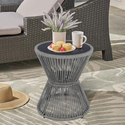 SUNNYPARK Small Outdoor Side End Table Modern Hourglass Style 20" H | Tempered Glass Top, Hand-Woven Rope, Easy Assembly, All Weather, Round Accent Table for Coffee Patio Balcony Poolside - color: Grey