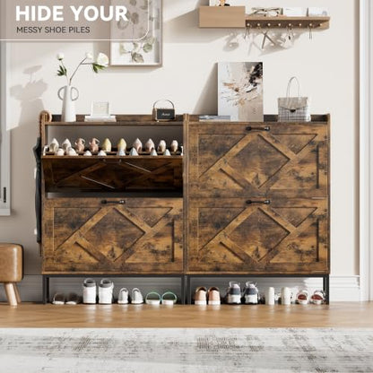 Nicetree Shoe Storage Cabinet with 2 Flip Drawers, Freestanding Wood Shoe Organizer with Metal Legs, Farmhouse Slim Shoe Rack for Entryway, Foyer, Hallway, Rustic Brown - color: Rustic Brown