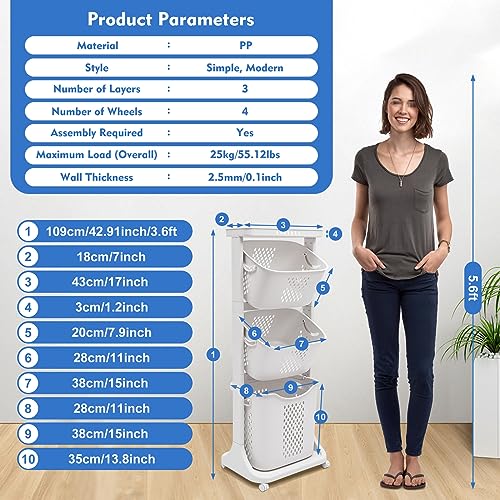 Laundry Basket, Laundry Basket Organizer Sorter Clothes Storage Organizer Shelf Rolling Cart with 4 Wheels, Laundry Hamper Basket Sorter Washing Hamper for Kitchens Bathrooms Bedrooms (3 Tier+White) - style: 3 Tier+White