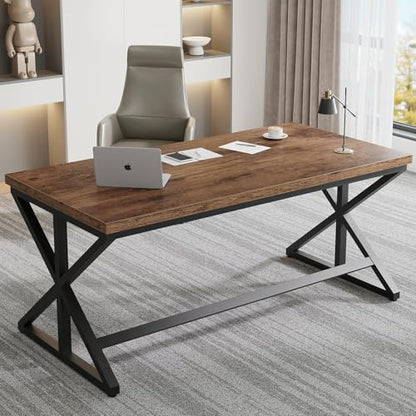 Industrial Computer Desk, Wooden Metal Office Desks Rustic Brown 60 in | Large Long Simple Gaming Executive Computer Desk Table, Wood Student Study Computer Table for Bedroom Living Room - color: Rustic Brown Oak, size: 60 Inch