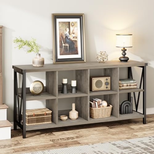 Narrow Console Tables, 2 Tier Entryway Table w/Storage Shelf, 8 Cube Storage Organizer and Shelves, Cube Shelf Bookshelf for Home and Bedroom, 13.4" D x 62.2" W x 30.3" H, Grey