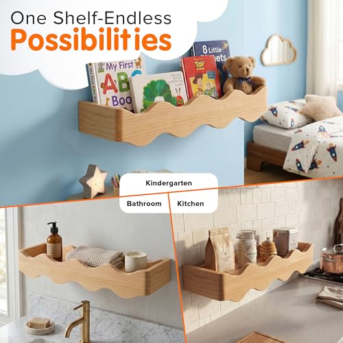 Ovalo Nursery Book Shelves Set of 2 - Solid Pine Wood Nursery Bookshelf, Floating Nursery Shelves for Wall, Wall Bookshelf for Kids Room, No-Assembly Wall Mounted Baby Book Shelf. (Natural Wood) - color: Natural Wood