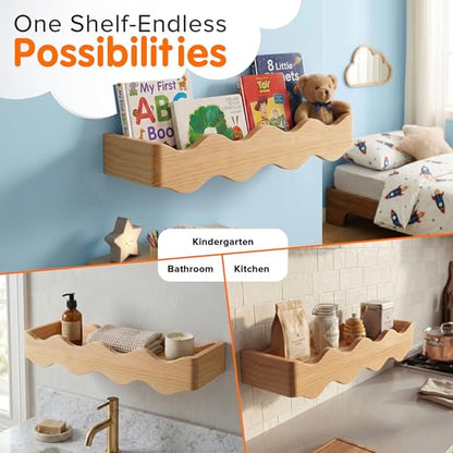 Ovalo Nursery Book Shelves Set of 2 - Solid Pine Wood Nursery Bookshelf, Floating Nursery Shelves for Wall, Wall Bookshelf for Kids Room, No-Assembly Wall Mounted Baby Book Shelf. (Natural Wood) - color: Natural Wood