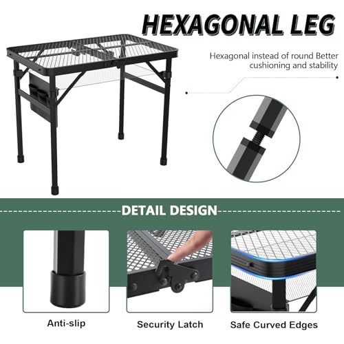 WildFinder Folding Table, 2x1.3 FT Camping Table with Mesh Desktop,Folding Grill Table with Mesh Bag,Portable Outdoor for Picnic,Camping,BBQ,Beach(Black) - size: 2x1.3 FT