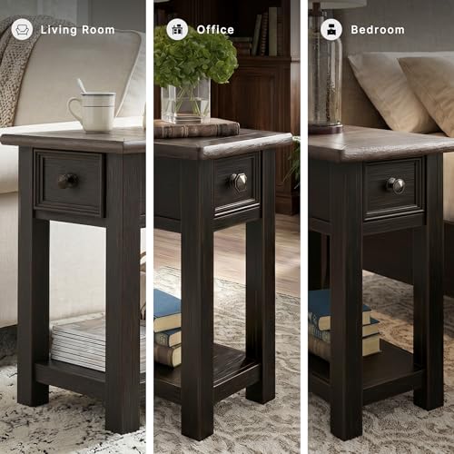 Signature Design by Ashley Narrow Chairside End Table with Charging Station | Smooth-gliding remote drawer, Lower display shelf, Rustic 2-tone finish, Tyler Creek Series - color: Black