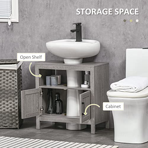 kleankin Pedestal Sink Storage Cabinet with 2 Doors and Open Shelf, Gray | Bathroom Under Sink Cabinet, Bathroom Vanity - color: Grey