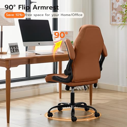 Ylzyxal Office Desk Chair, Ergonomic Computer Chair with Padded Flip-Up Arms and Adjustable Lumbar Support, PU Leather Executive Chair with Tilt Lock and 360° Swivel Rolling Wheels for Work, Study - color: Brown
