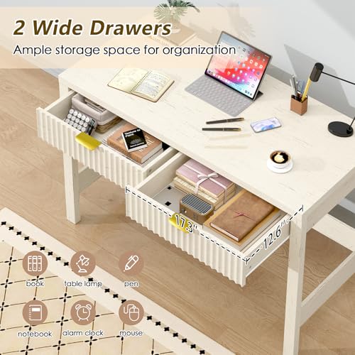 YOMILUVE Fluted Computer Desk with 2 Drawers, 39 Inch Small Computer Desk with Storage, Compact Writing Study Vanity Desk for Small Spaces, White - color: White