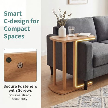 COSTWAY Solid Teak C-Shaped Side Table, Natural Slim 2-Tier End Table with Thick Top & Stable Base, Space-Saving Couch Table for Living Room Bedroom Small Spaces (1)