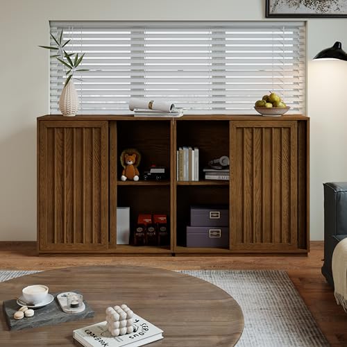 Mid Century Modern Sideboard Buffet Cabinet with 2 Fluted Sliding Door,Small Storage Cabinet with Outlet Holes for Living Room, Kitchen, Entryway, Hallway 32" Walnut - color: Walnut