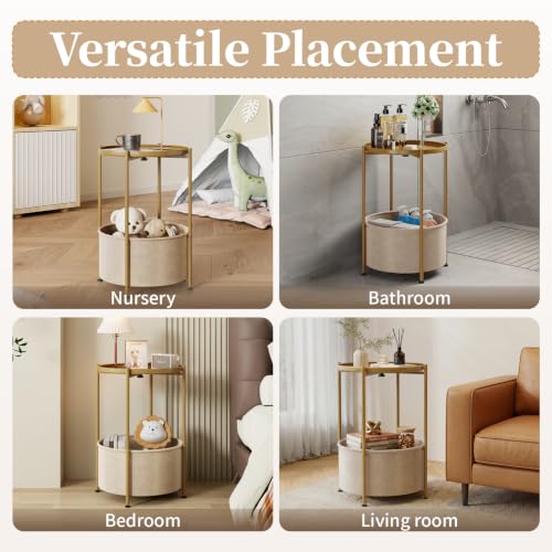 Small Round Side Table with Felt Storage Basket and Removable Tray | Accent Table, Metal End Table with Adjustable Feet, Side Table for Nursery, Bedroom, Living Room, Laundry Room, Gold - color: Gold