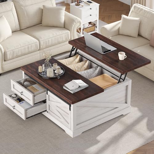 Itaar 39.4'' Lift Top Coffee Table with Storage, Farmhouse Coffee Tables for Living Room, Square Coffee Table with Large Hidden Compartment & 2 Drawers & Adjustable Shelves, Vintage White+Walnut - color: Vintage White+walnut