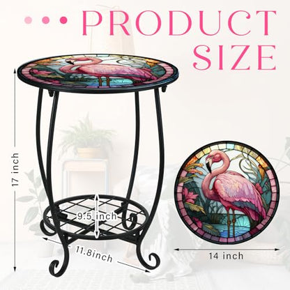 Cinnvoice Outdoor Side Table Round Small Mosaic Patio Accent Indoor End Plant Coffee Tea Table for Yard Patio Porch Garden Living Room, Bedroom(Flamingo Style,14 Inch) - size: 14 Inch, style: Flamingo Style