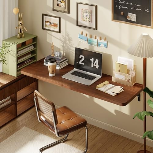 Dogsky 48" x 16" Floating Wall Desk, Fold Down Wall Table - 300 lbs Heavy Duty Solid Pine Wall Mount Folding Desk for Home Office, Laundry Room, Kitchen & Small Apartment, Walnut - color: Walnut, size: 48'' x 15.7'' x 8.3''