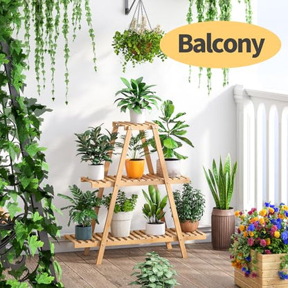 Bamboo Plant Stand - Indoor/Outdoor 3 Tier Plant Ladder, 8 Potted Flower Holder, Natural - color: Natural