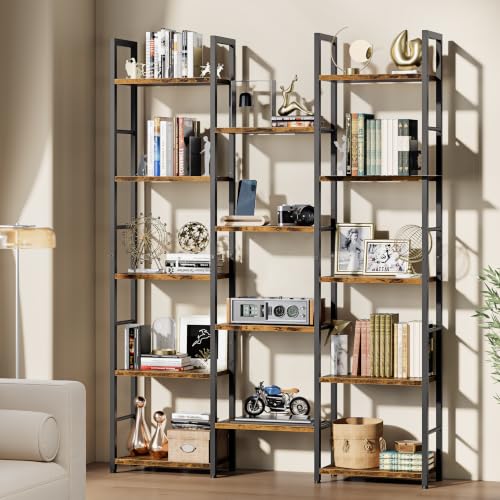 Shintenchi Triple Column 5 Tier Bookshelf, Industrial Large Bookcase Display Shelves, Large Etagere Bookshelf,Wide Book Shelf Book Case for Home & Office, Rustic Brown - size: 5 Tier