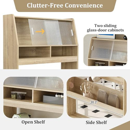Spaco 2-in-1 Folding Dining Table and Buffet Cabinet Set,Compact Pull-Out Kitchen Table with Wheels,Storage Shelf and Side Hooks,Multifunctional Cupboard for Small Place (Oak) - color: Oak