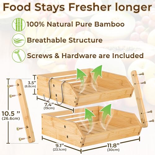 Fruit Basket with Banana Hanger - 2-Tier Bamboo Storage Organizer | Golden Nature space-saving stand holder bowl keeps fruits and vegetables organized, visible, and within easy reach