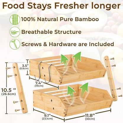 Fruit Basket with Banana Hanger - 2-Tier Bamboo Storage Organizer | Golden Nature space-saving stand holder bowl keeps fruits and vegetables organized, visible, and within easy reach