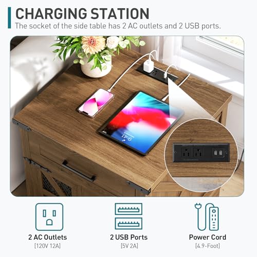 RALGEND Walnut Farmhouse End Table with Charging Station, 24" Large Sofa Side Table with Drawer, Large End Table for Living Room, Wooden Nightstand with Outlet, Square, Walnut - color: Walnut