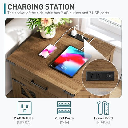 RALGEND Walnut Farmhouse End Table with Charging Station, 24" Large Sofa Side Table with Drawer, Large End Table for Living Room, Wooden Nightstand with Outlet, Square, Walnut - color: Walnut