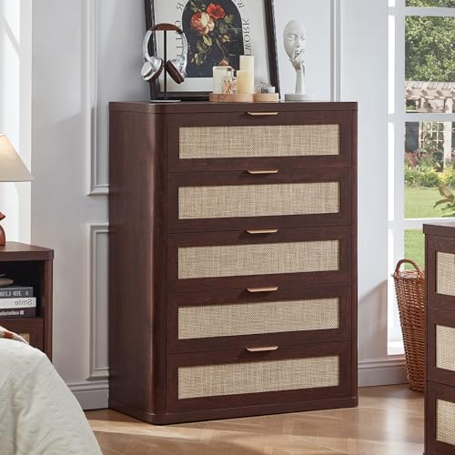 LEYAOYAO 41" Dresser for Bedroom, Tall Rattan Chest of Drawers | Gold Metal Handle, Modern 5 Drawers Boho Dressers with Storage for Living Room, Hallway - color: Retro Walnut, size: 15.5"D x 31.5"W x 41"H (5 Drawers)