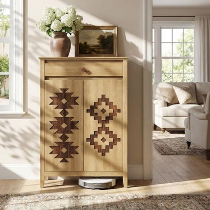 5-Tier Shoe Cabinet with Drawers, Wooden Shoe Storage Cabinet with Adjustable Shelves,Simple Tribal Style Freestanding Walnut Shoe Cabinet Suitable for Entrance,Corridor,Cloakroom,Natural（1pcs）