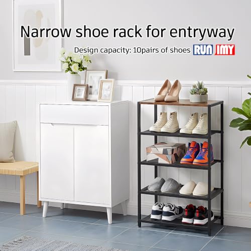 5 Tier Narrow Shoe Rack Shelf for Front Door Entrance, Entryway, and Closet Shoe Organizer with 4 Sturdy Metal Mesh Shelves and Wooden Top, Holds 10 Pairs, Ideal for Shoe Storage or Display - size: 17"D x 10.24"W x 30.7"H